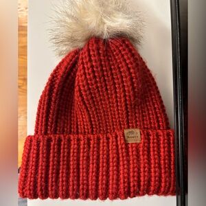 Roots Red Knit Beanie with Faux Fur Pom